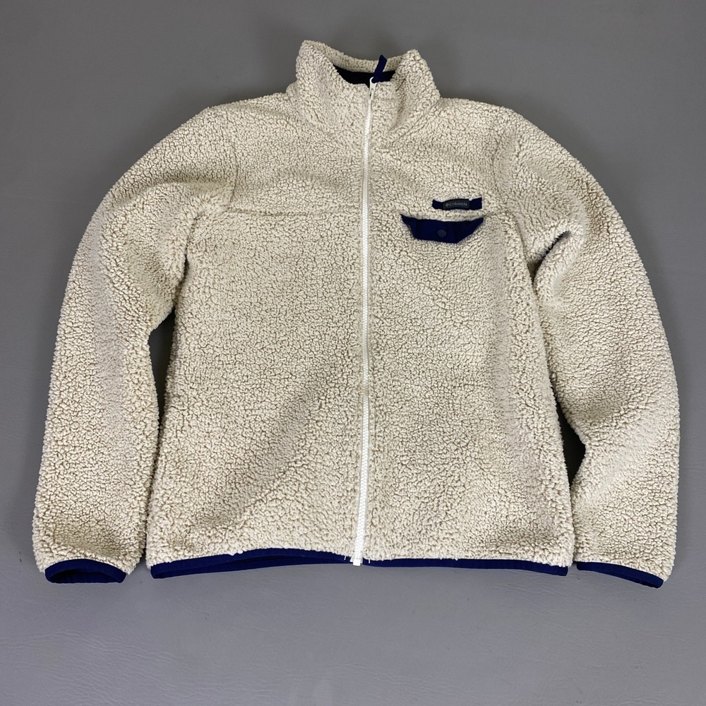Columbia Sherpa Fleece Jacket Women's Medium Full Zip Cream Navy Blue Pocket EUC
